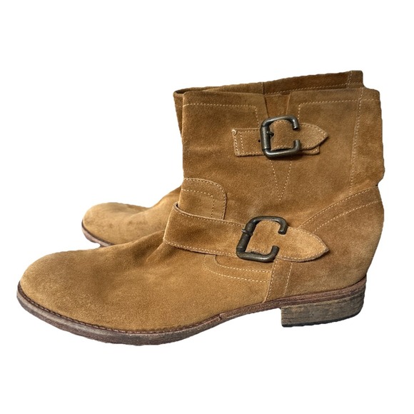 Saks Fifth Avenue Italy 10022 Honey Brown Suede Ankle Engineer Boots Womens 39.5 - Picture 2 of 14